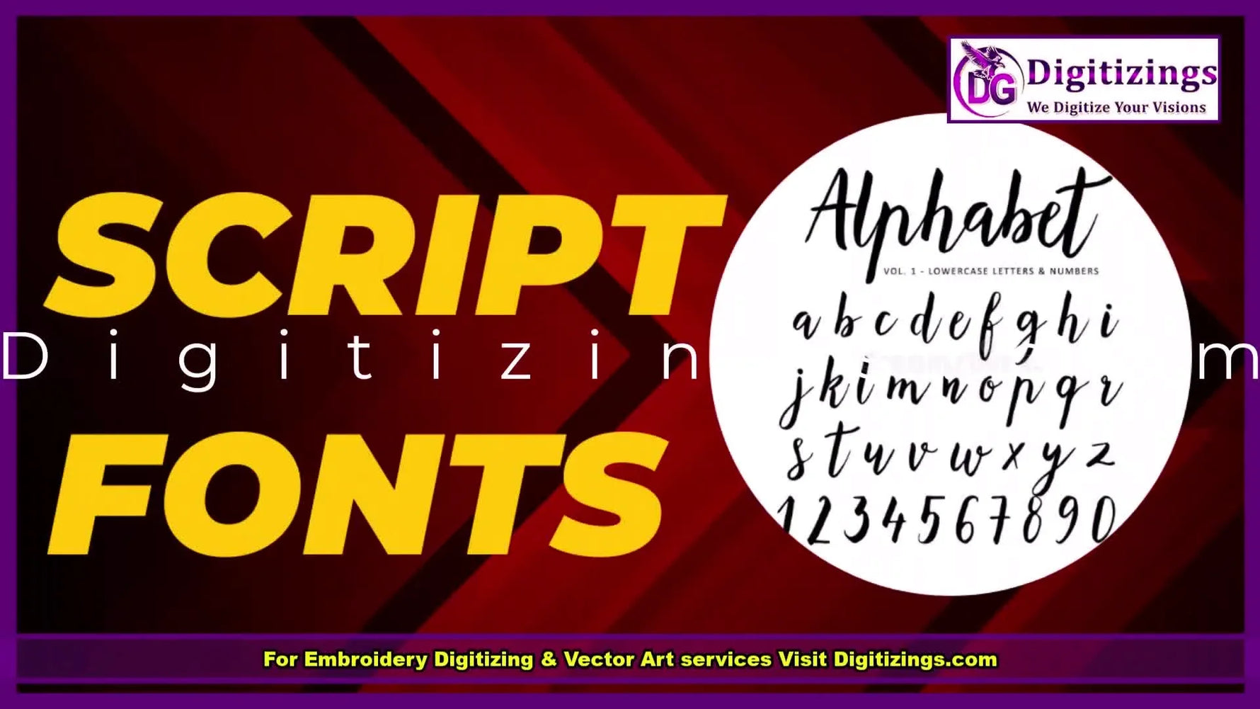 A close-up graphic of elegant script lettering examples that highlights why script fonts need more size to stitch cleanly.