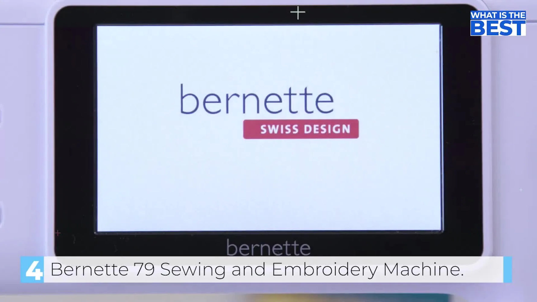 A Bernette 79 (b79) combo machine staged in a bright workspace with its LCD screen lit, signaling a higher-end setup for larger-hoop embroidery.