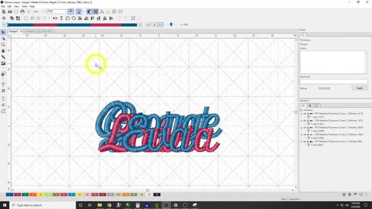 A slow-redraw simulation pauses at each color change, confirming the file will stop between names for fast hoop swaps.