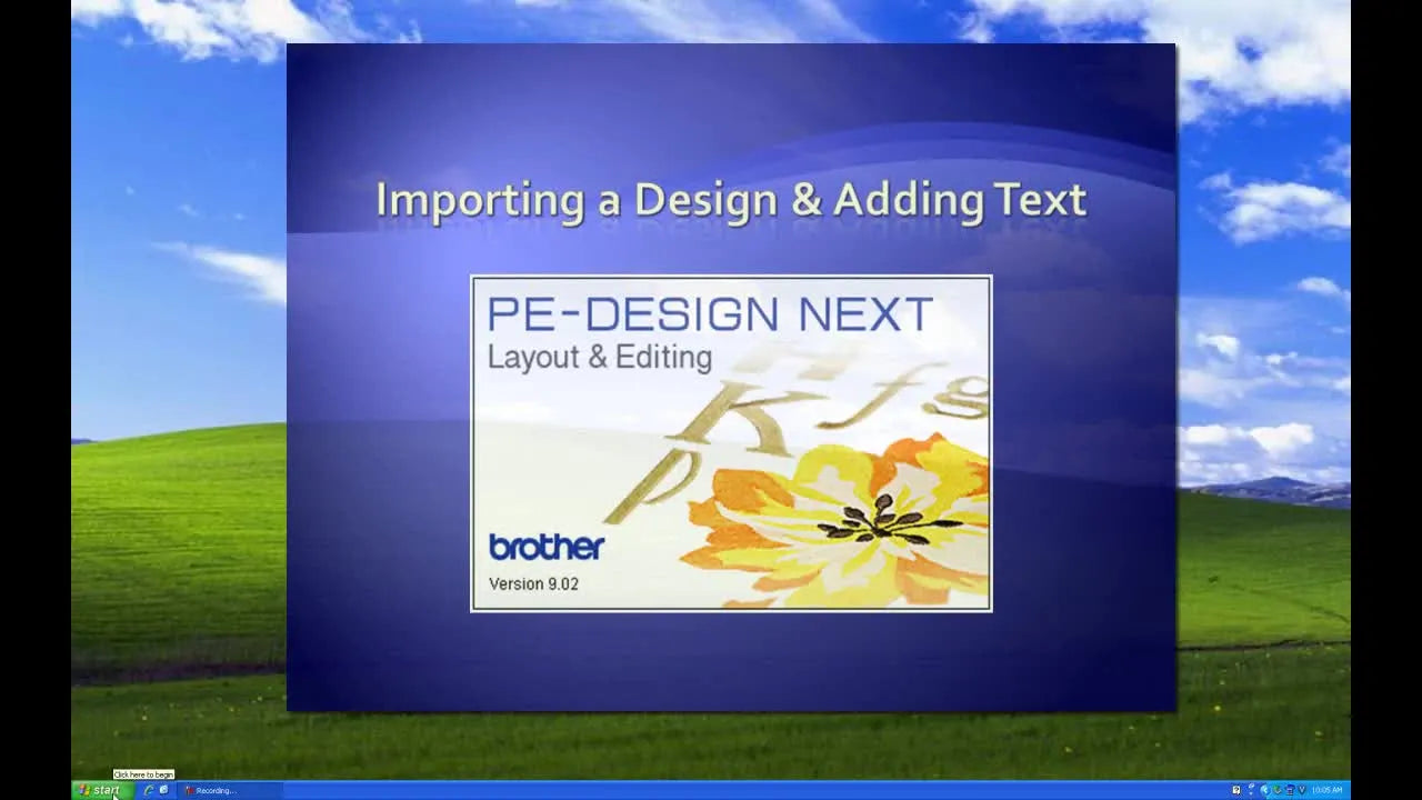 A screen capture sequence from PE-DESIGN NEXT showing the workflow from opening the software to importing a design, adding text, aligning, and exporting to USB.