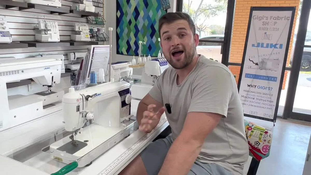 Man standing next to a Juki TL sewing machine introducing stitch plates.
