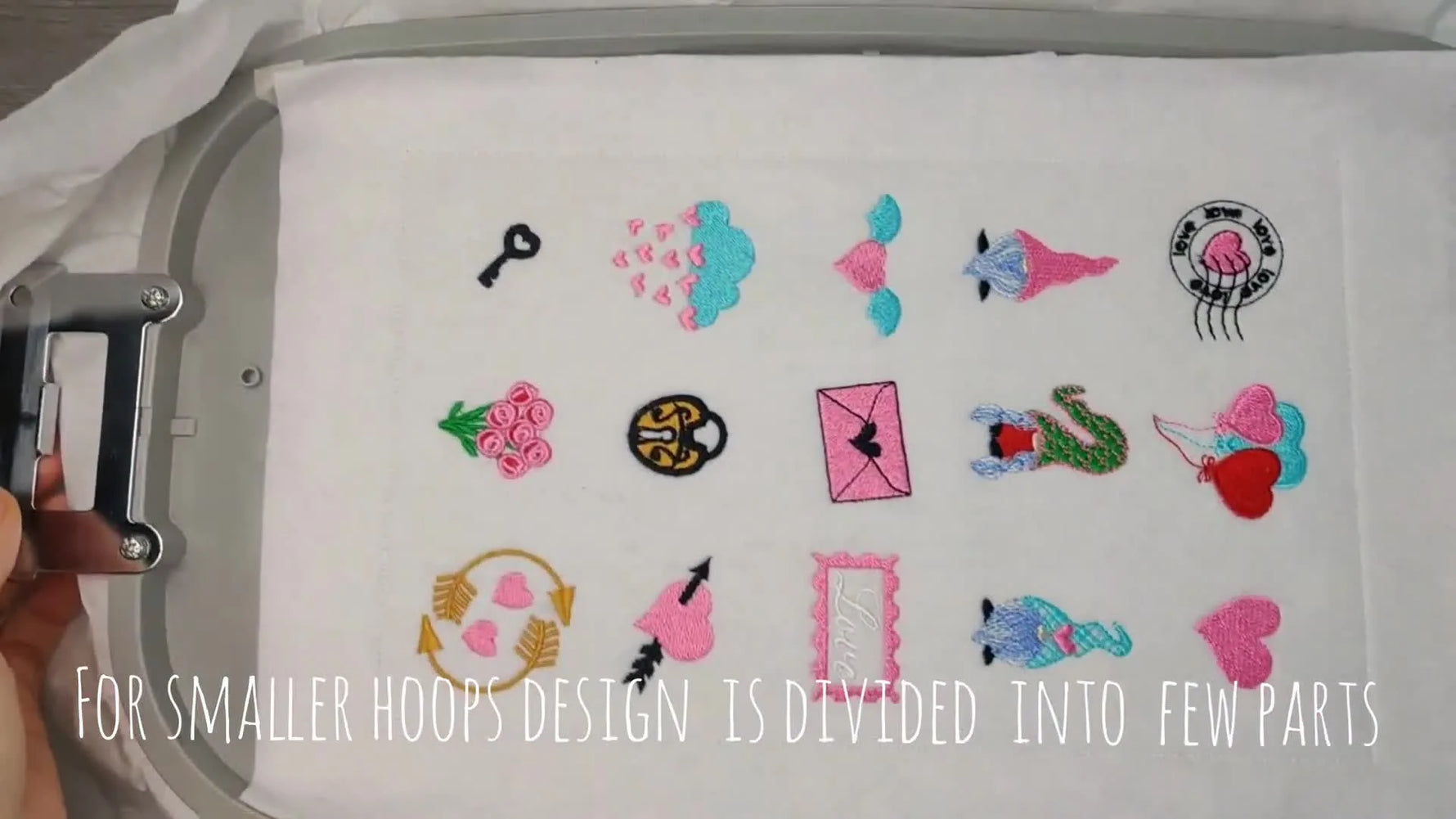 A finished grid of gnome and icon designs stitched on white felt while still held flat in a magnetic hoop.