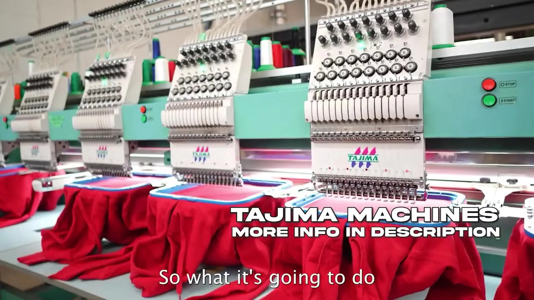 A wide view of multiple Tajima multi-head embroidery machines running hoodies in a high-volume production line.