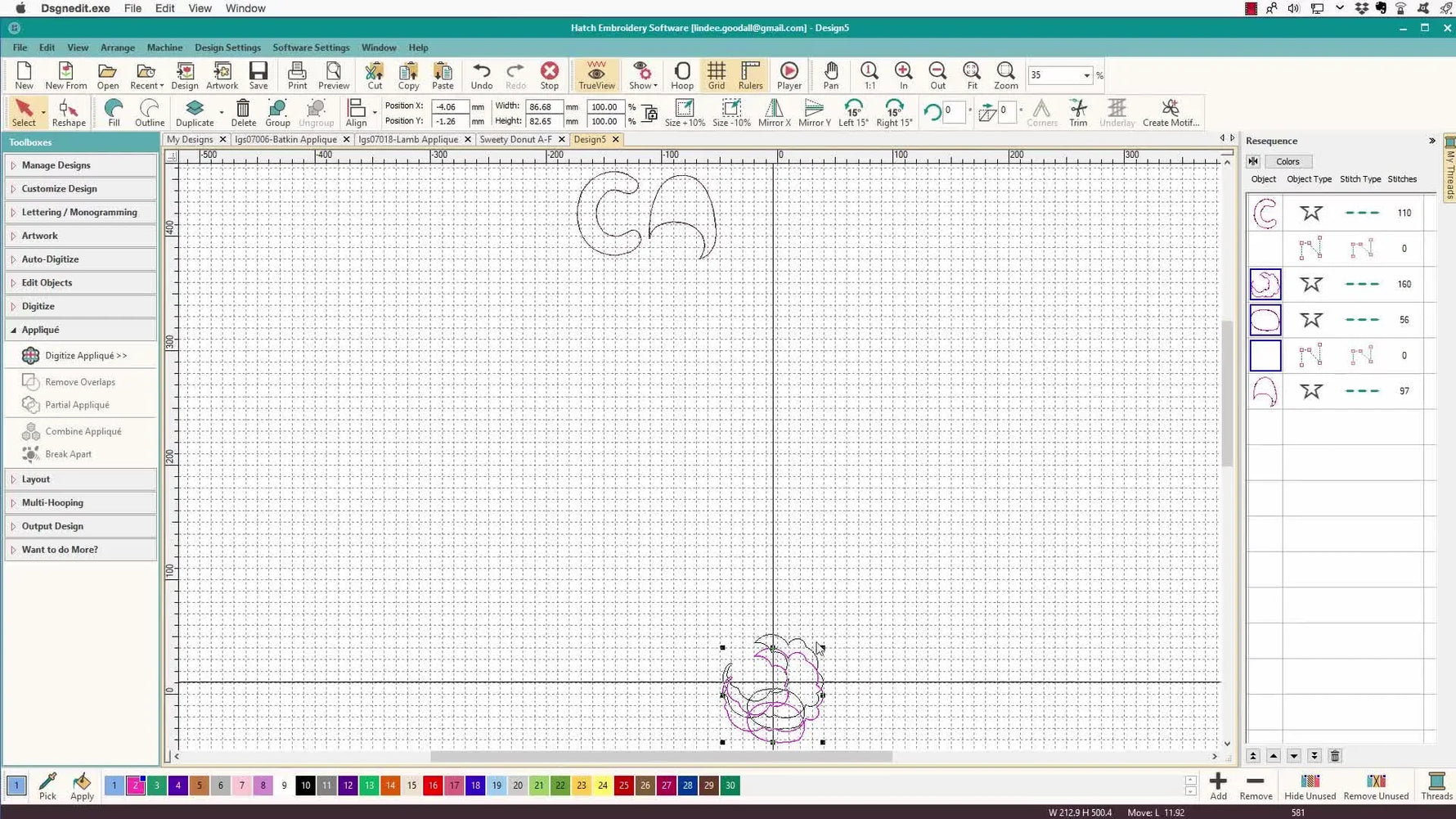 A clean Hatch workspace showing multiple isolated appliqué template shapes (letter, sheep body, bat belly) ready to capture as a high-contrast image.