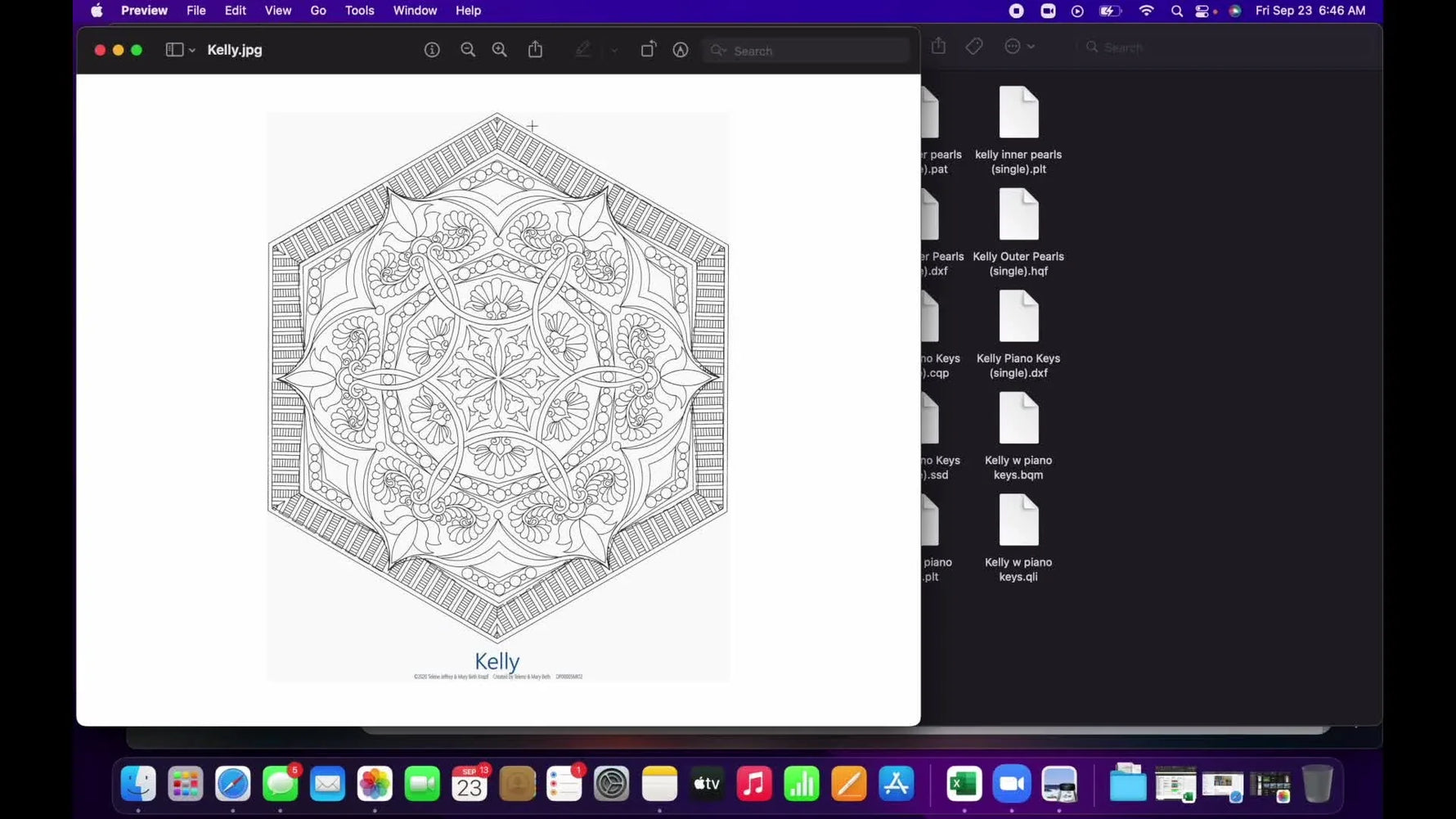 A PDF preview of the intricate “Kelly” whole-cloth mandala design displayed on a Mac, showing the stitch path detail before transferring files to USB.