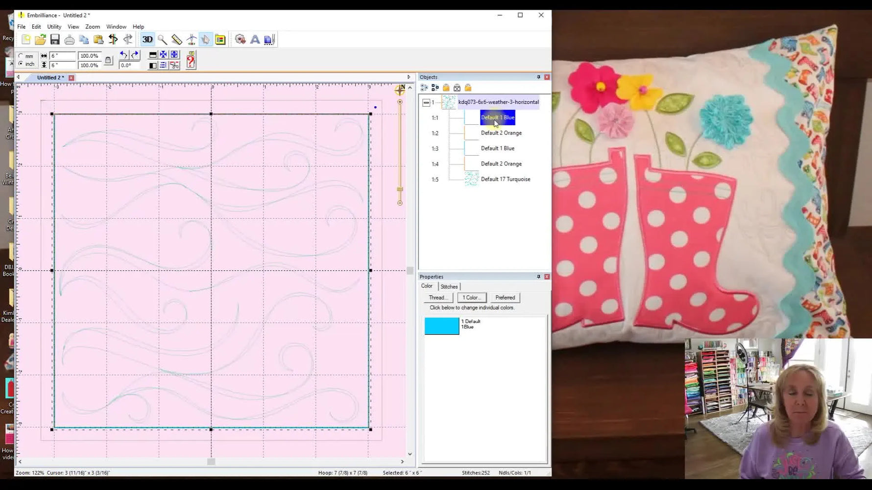 A close-up of Embrilliance Essentials showing the Objects pane expanded to reveal five distinct steps in a Block-by-Block Kimberbell quilting file.