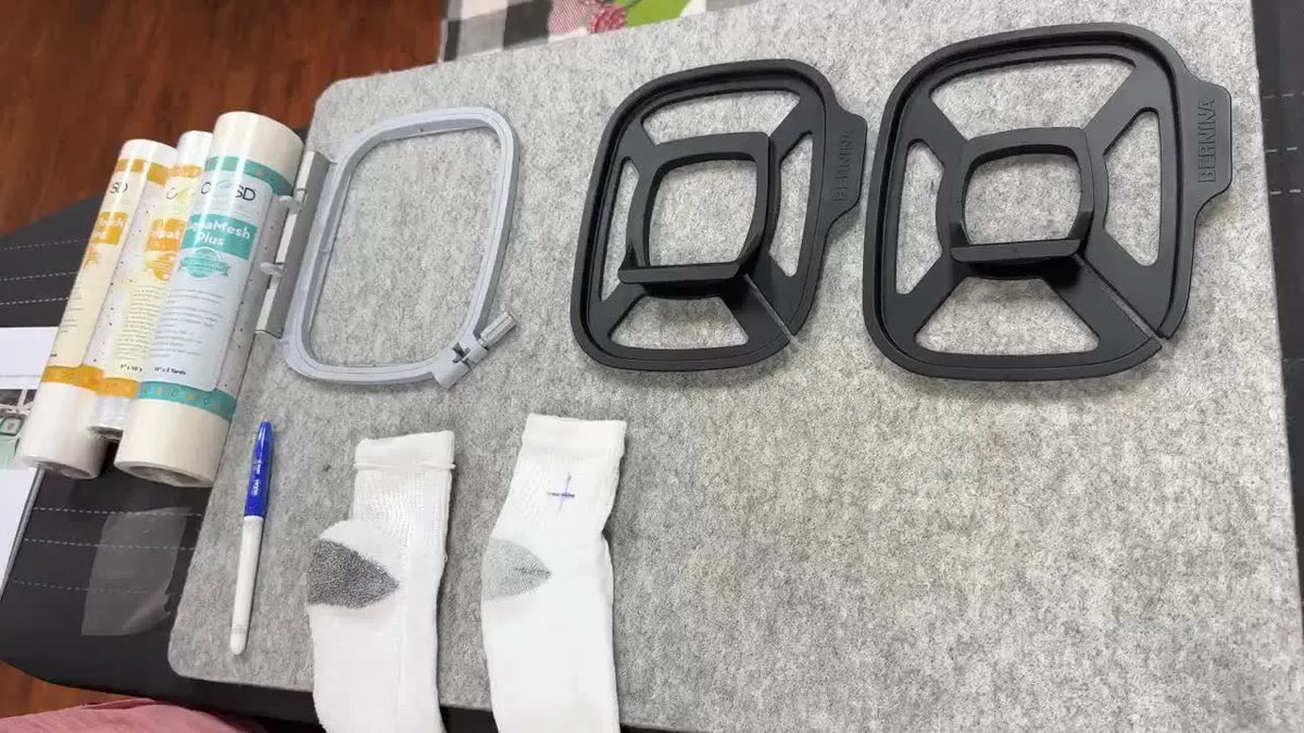 Overview of embroidery tools and materials, including sock hoop inserts, socks, and stabilizers.
