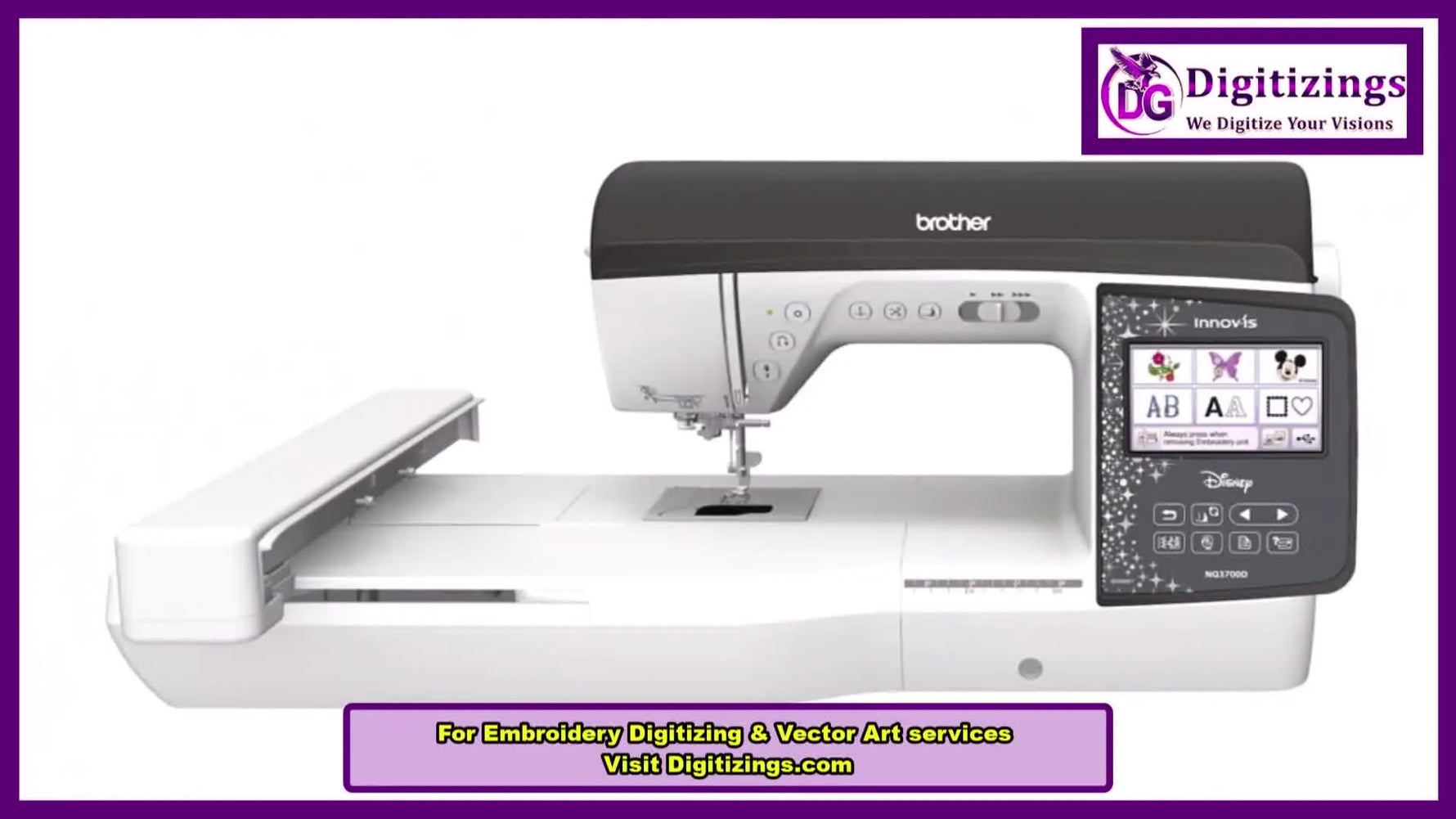 A full side profile view of the Brother Innov-is NQ3700 on a clean workspace, showing the embroidery unit installed and ready for setup.