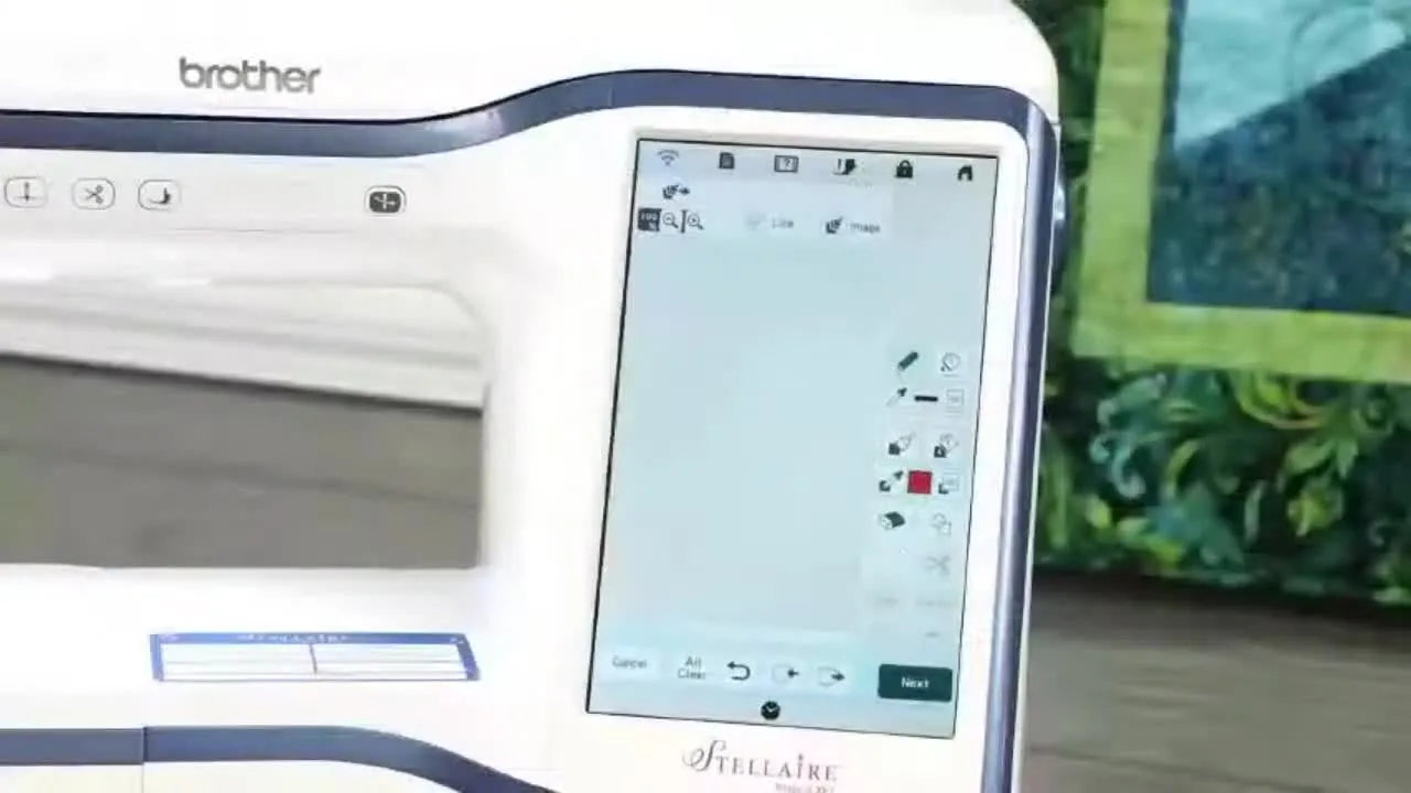 A close-up of the Brother Stellaire screen showing the IQ Designer shape menu used to build a custom pocket outline.