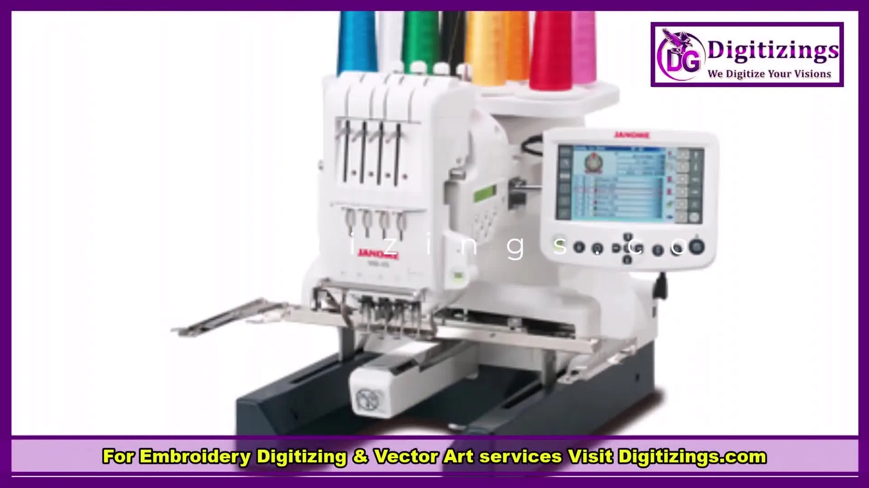 A full product shot of the Janome MB-4S loaded with thread spools and the RCS screen visible, highlighting its compact multi-needle setup.