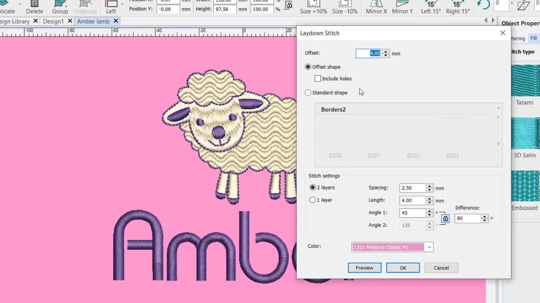 A close-up of the Hatch Embroidery 3 Laydown Stitch settings panel showing offset, spacing, length, and angle controls beside the sheep design preview.