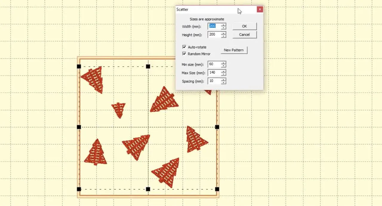A screen capture of Embrilliance’s Scatter tool generating randomly sized and rotated Christmas trees across a 200 mm square quilt-block area.