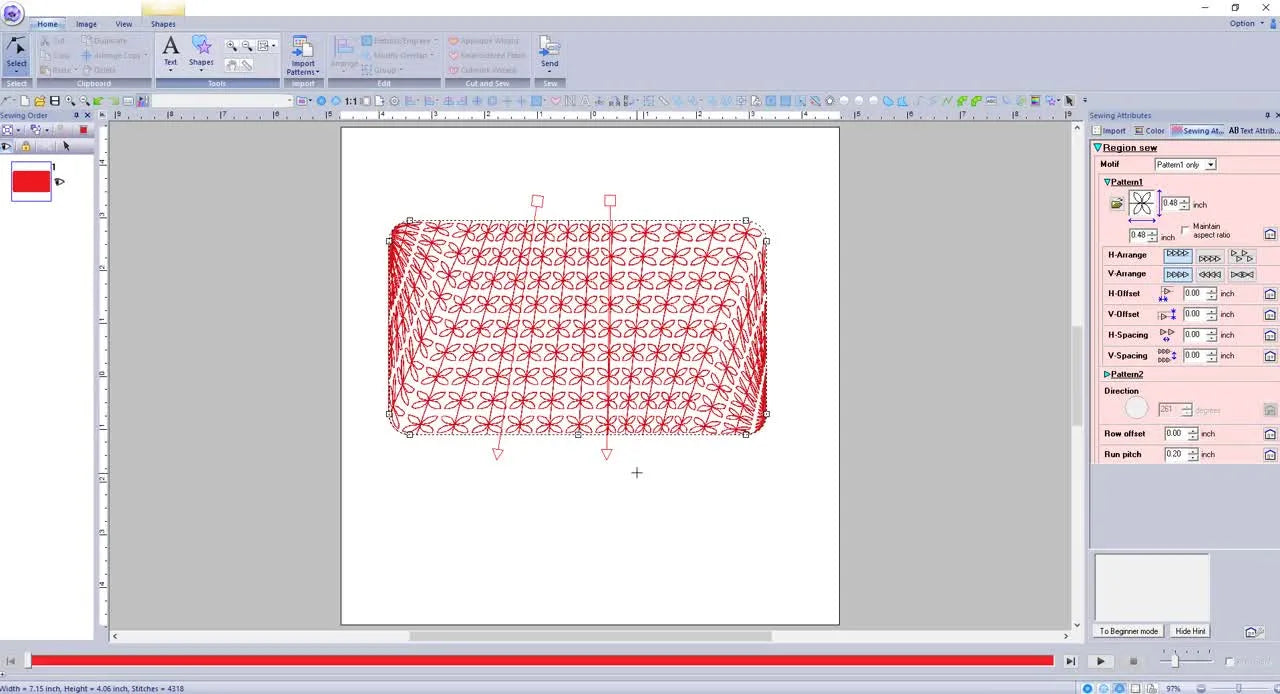 A PE Design 10 screen capture showing two direction lines inside a motif-filled rectangle, creating a dramatic warped stitch flow.