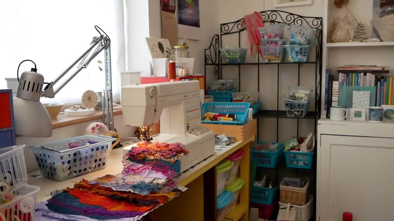 An overhead shot of a sewing machine on a desk in a brightly lit studio, surrounded by various baskets and shelves filled with colorful craft supplies.
