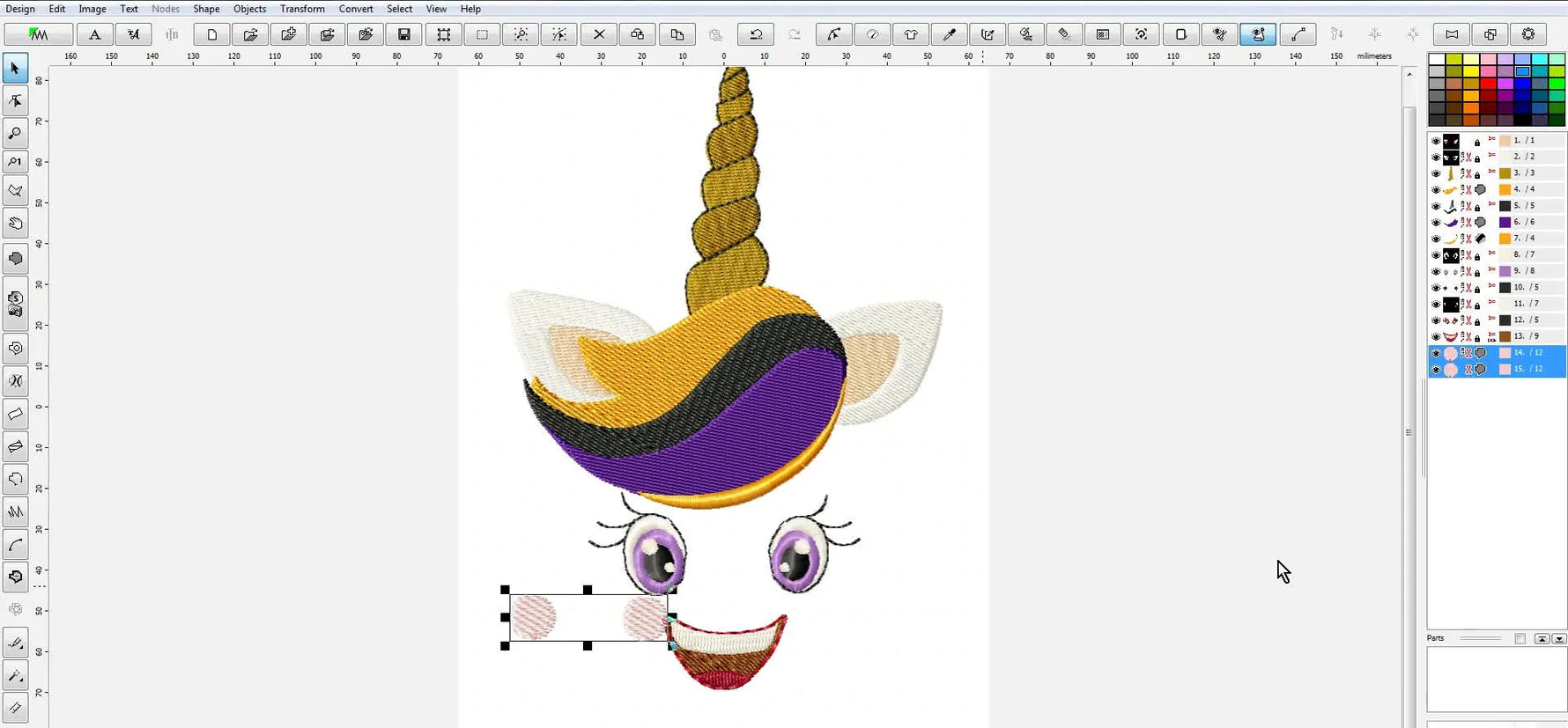 A finished unicorn embroidery design on the Embird canvas with purple “Irish” eyes, a centered mouth, and repositioned cheeks.