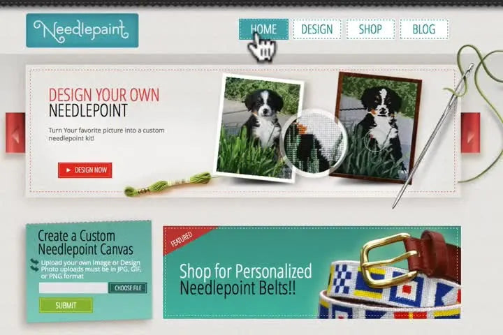 The homepage of the Needlepaint website, showing options for designing your own needlepoint.