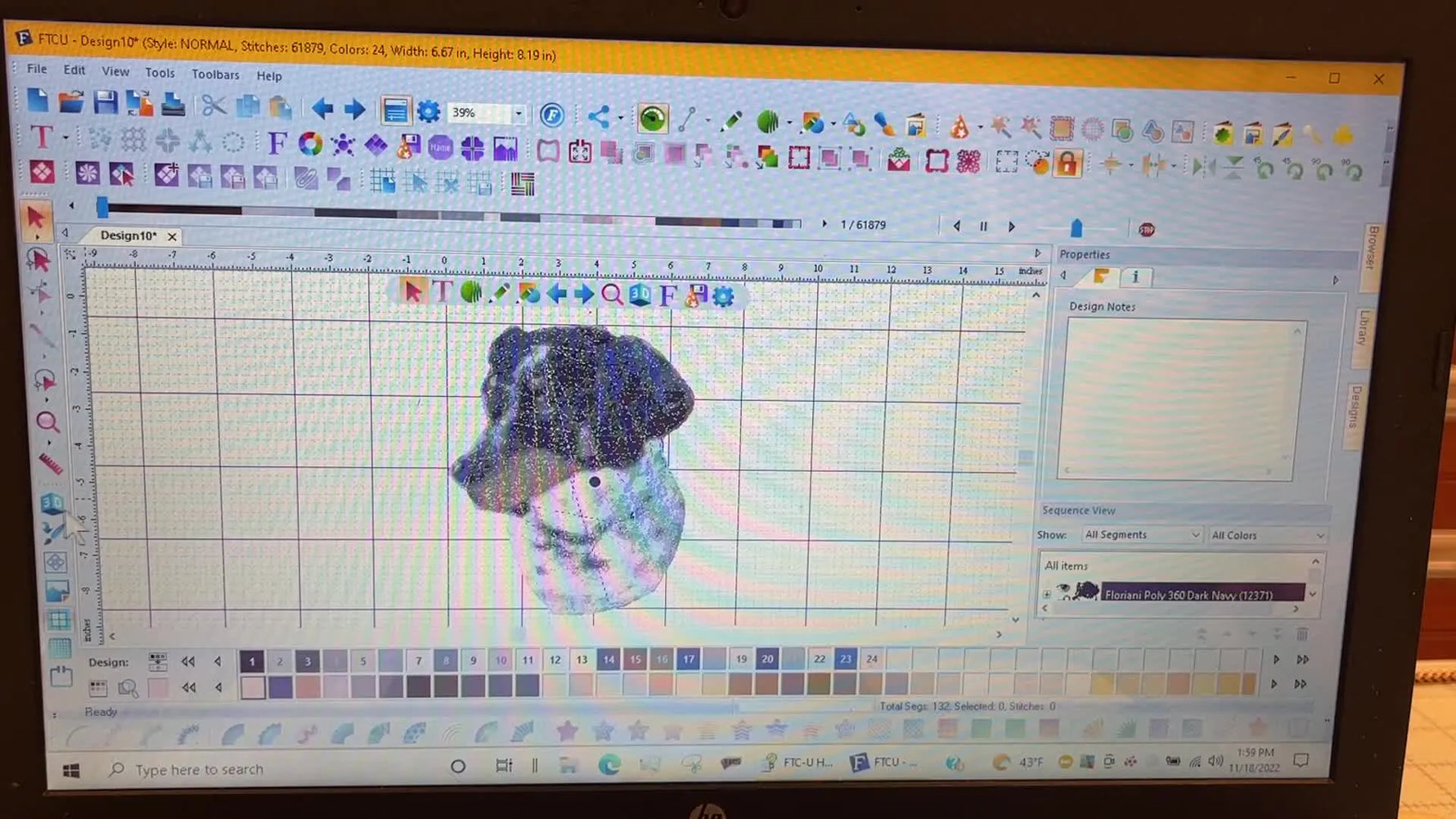 A screen view of the finished dog photo-to-stitches embroidery design previewed in 3D inside FTCU.