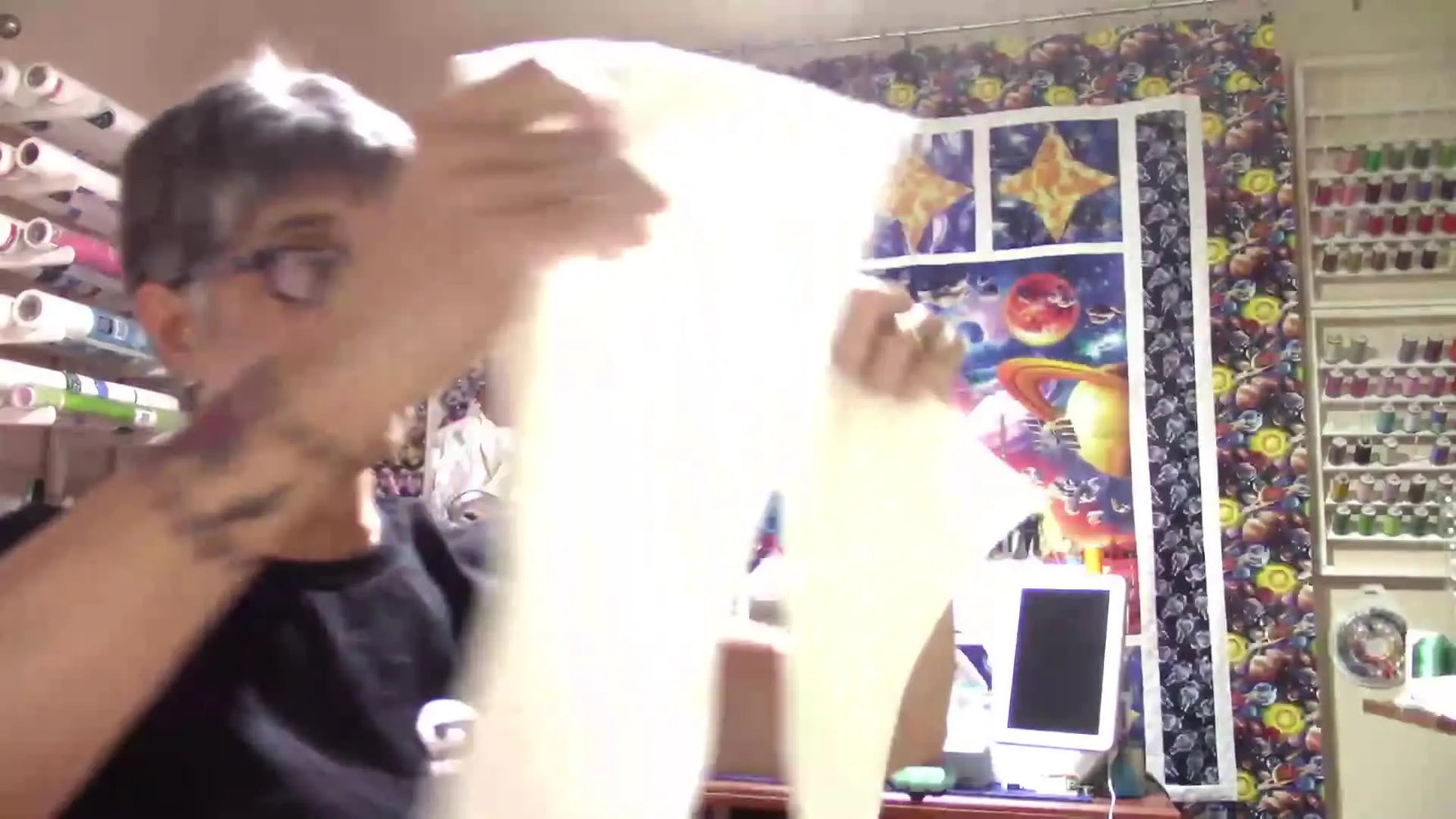 A close-up shows two batting/stabilizer scraps butt-joined and stitched together with a wide zigzag seam for reusable hoop-sized Battilizer.