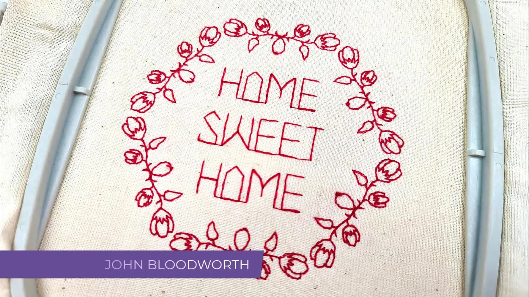 Finished redwork embroidery in a hoop