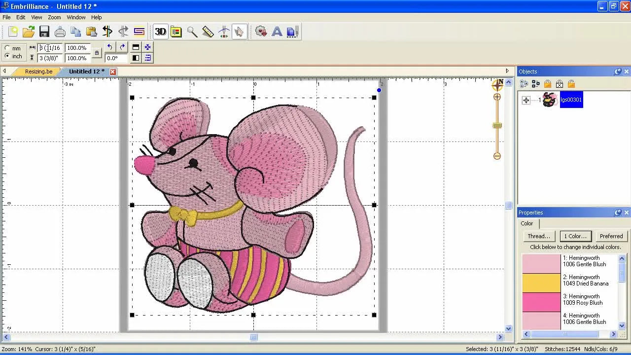 A screen capture of Embrilliance Essentials showing “3 in” typed into the width field to resize an embroidery design precisely.