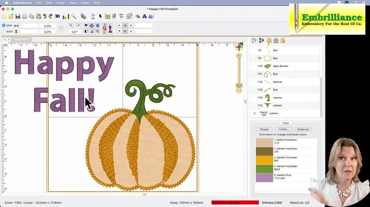 A screen capture shows “Happy Fall” multi-line text placed beside a pumpkin applique inside a 4x4 hoop boundary in Embrilliance Essentials.