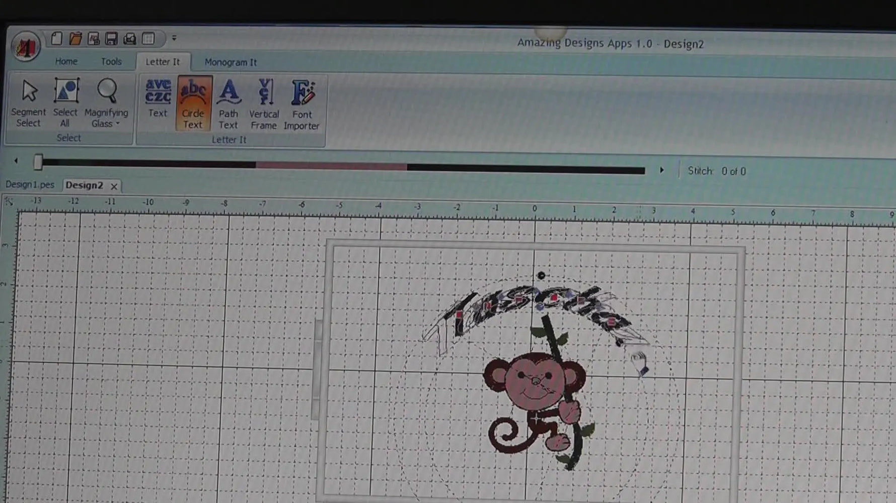A screen capture shows the name “Tascha” arched neatly over a cartoon monkey using the Circle Text tool inside the 160×260mm hoop boundary.