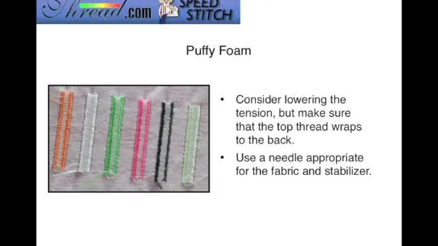Close-up of the back of satin-stitch test columns showing the top thread wrapping around the bobbin thread—an essential tension target for puffy foam coverage.