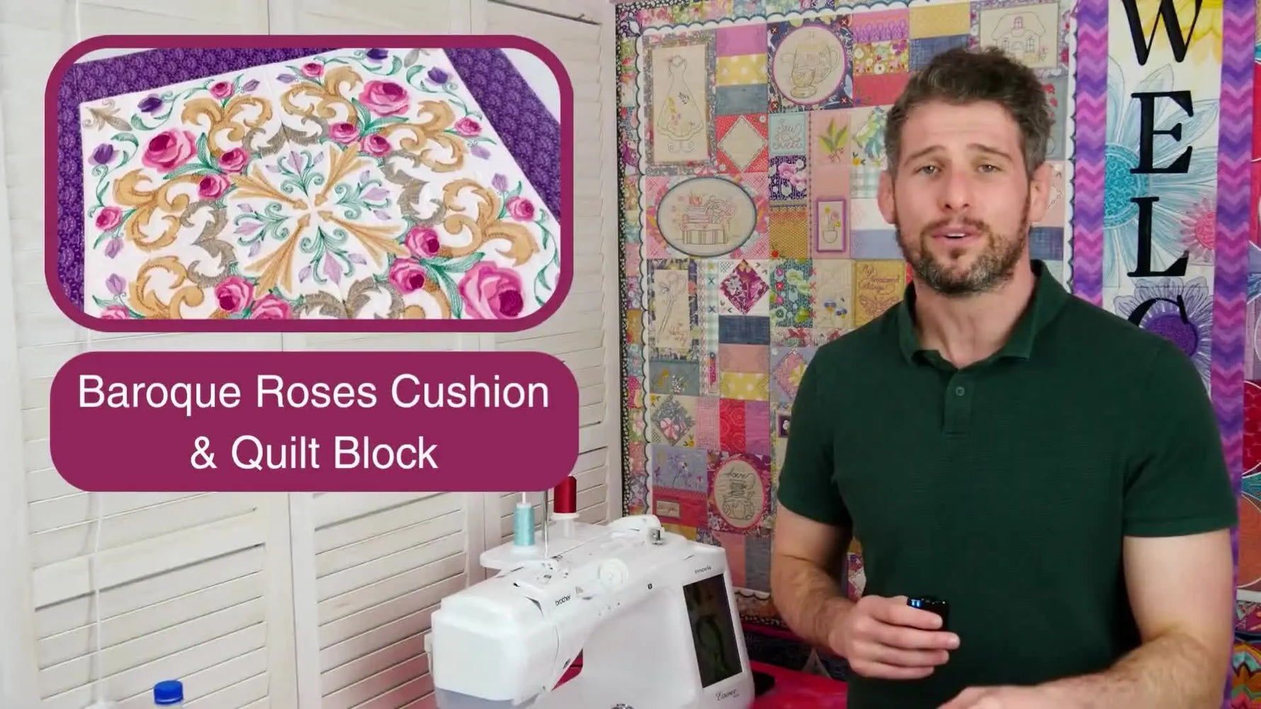 A finished Baroque Roses cushion cover with ornate rose embroidery and crisp quilted borders, shown close-up for texture and alignment.
