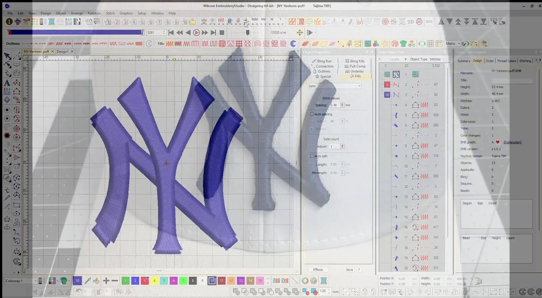 A close-up of the finished white cap showing a crisp, high-profile navy 3D puff NY-style logo after cleanup.
