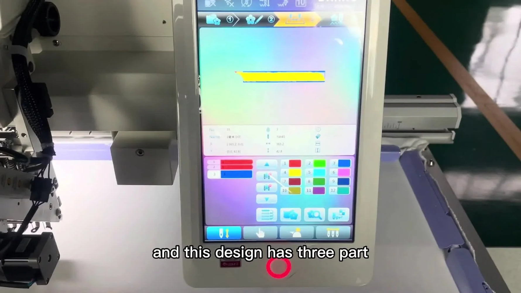 A Dahao control panel screen displays the needle sequence 1, 1, 3, showing how the sequin device on Needle 1 is mapped for two sequin sections before switching to Needle 3 for flat embroidery.