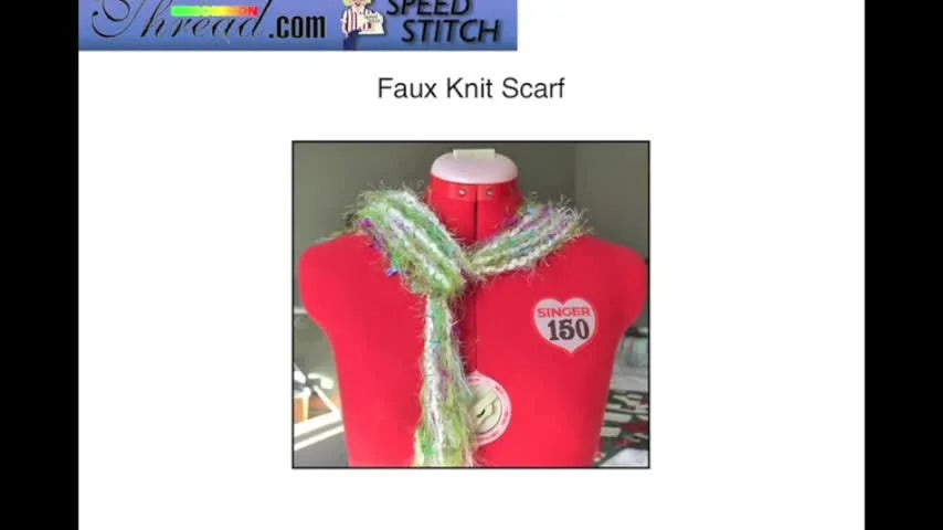A dress form mannequin models the finished Faux Knit Scarf, showing the airy yarn-and-thread texture after the stabilizer has dissolved.