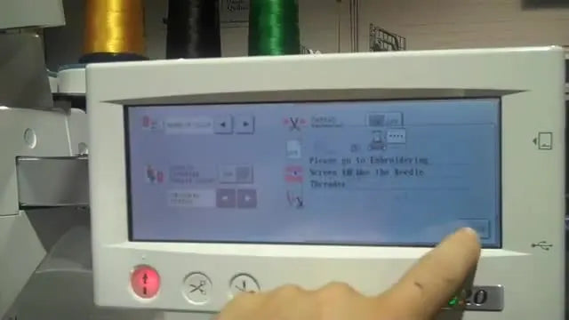 A close-up of the Brother PR-620 screen showing the anchor icon next to a needle after a color is set.