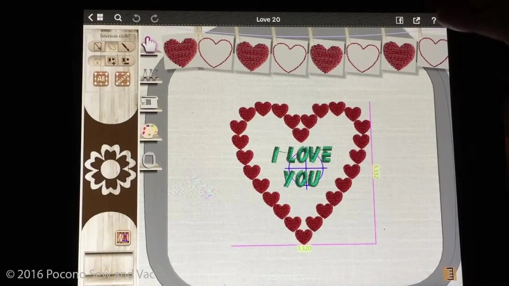 A close-up screen capture shows a finger tapping the export/share icon inside the Janome AcuDesign app to begin sending a design to a wireless flash drive.