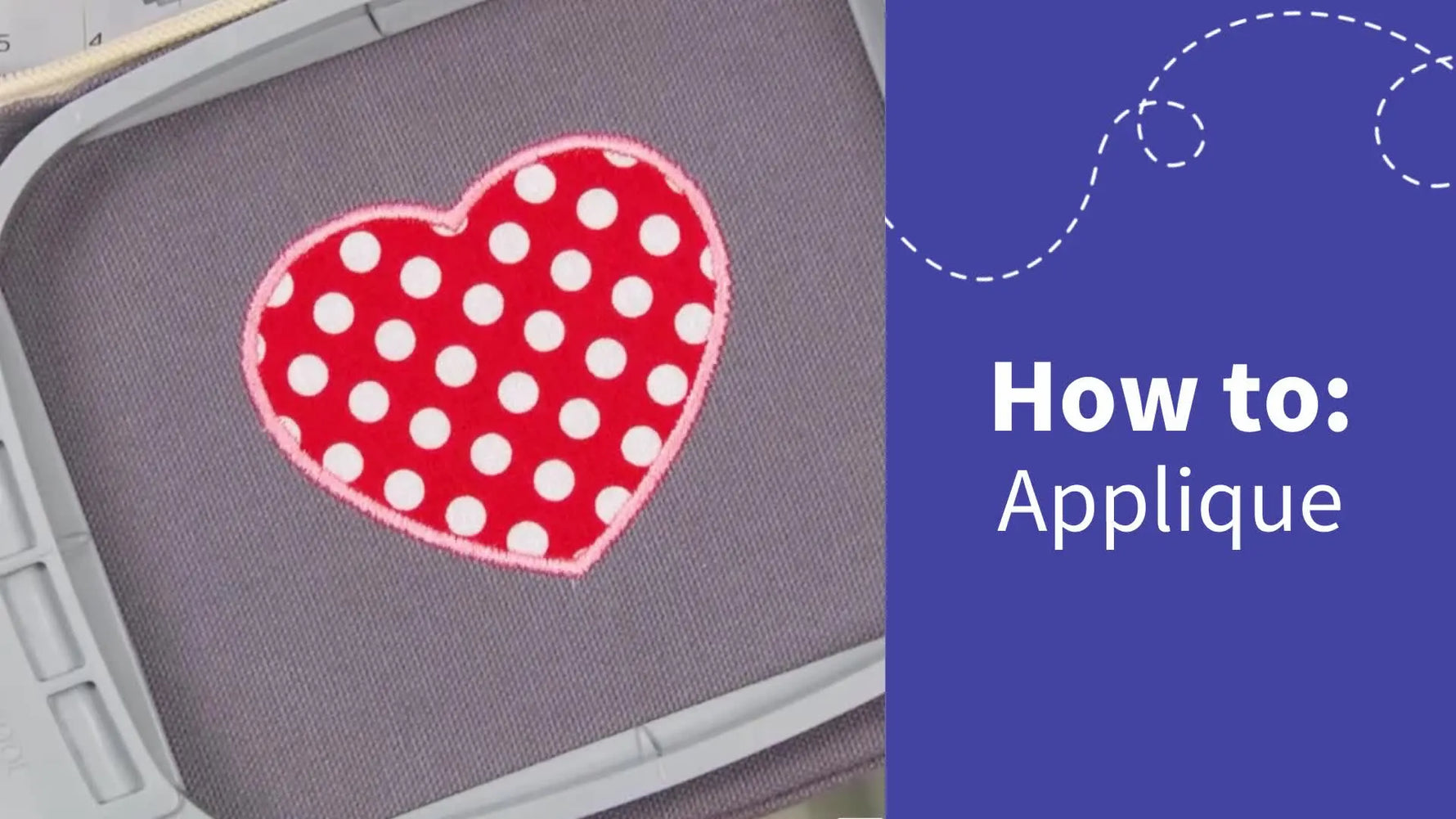 Finished heart applique on a gray fabric in an embroidery hoop.