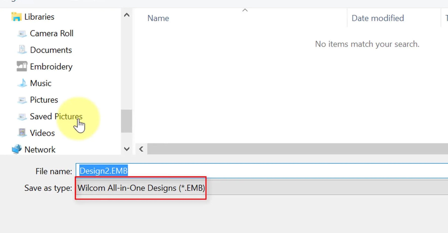 A Windows “Save As” dialog in Hatch Embroidery showing the filename field and file type options for saving an .EMB working file.