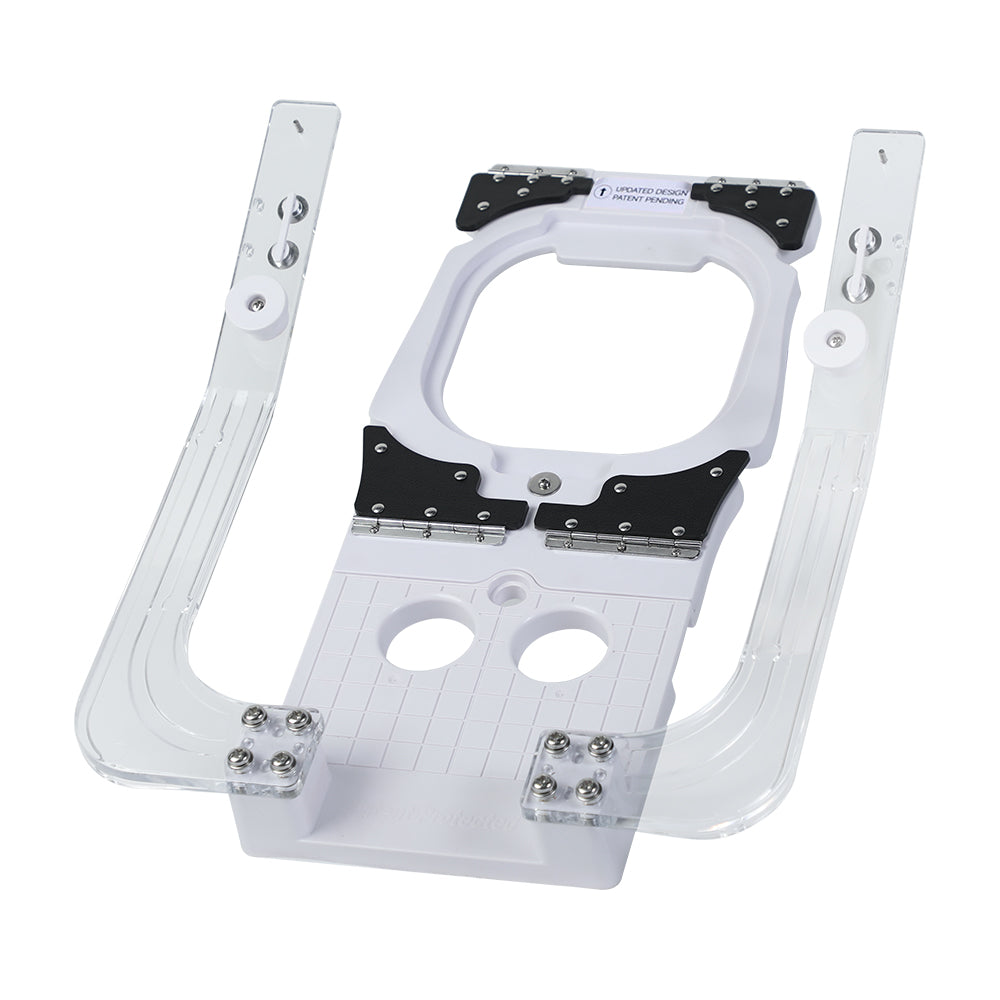 Close-up of the 3.9-inch hoop positioning fixture and guide rails