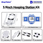 Packing list for the 3.9-inch magnetic hooping station kit, showing both stations and fixtures